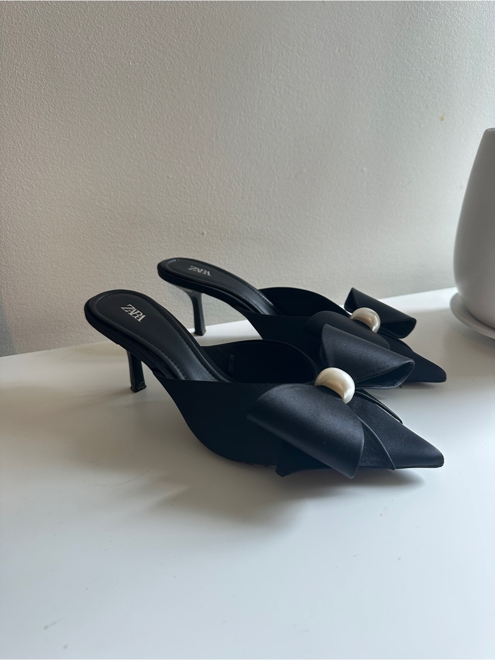Zara Black Satin Pointed Mules with Pearl-Accent Bow